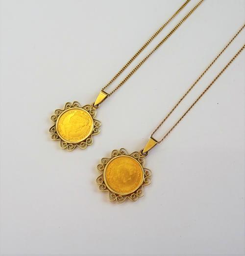 Two jeweller's copies of Netherlands five guilders 1912, in gold pendant mounts, detailed 585, a gold curb link neckchain, on a boltring clasp, detail