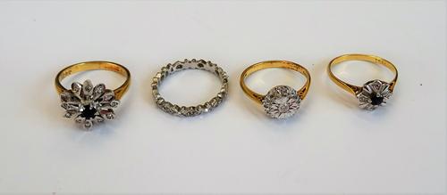 An 18ct gold, sapphire and diamond set cluster ring, London  1973, a gold, sapphire and diamond set five stone cluster ring, detailed 18 CT, an 18ct g