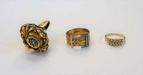 A gold and seed pearl set ring, in an oval design, with applied bead and wirework decoration, possibly as made from a Victorian earring, a 9ct gold an