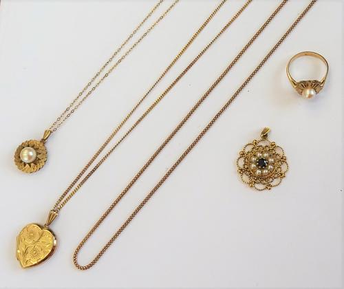A 9ct gold heart shaped pendant locket, with floral engraved decoration, with a 9ct gold faceted curb link neckchain, a 9ct gold pendant, mounted with