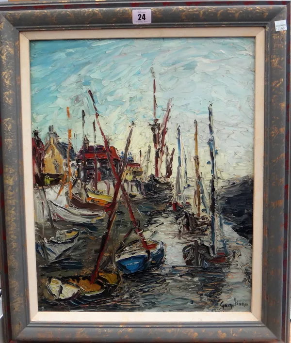 George Hahn (20th century), Boats in harbour, oil on board, signed, 48.5cm x 39cm.