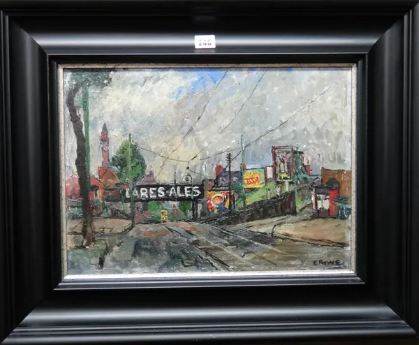 E. Rowe (20th century), View of a tramway, oil on board, signed, 32cm x 44.5cm.