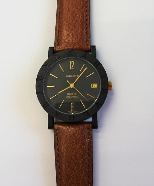 A Bvlgari Zero Automatic limited edition wristwatch, the signed circular black dial detailed Automatic Athens 093/200, having gilt baton and gilt Arab