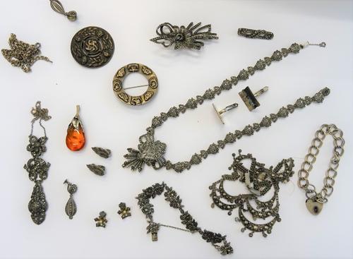 A collection of mostly silver jewellery, comprising, a silver and marcasite set necklace, in a fanned link design, on a snap clasp, another marcasite