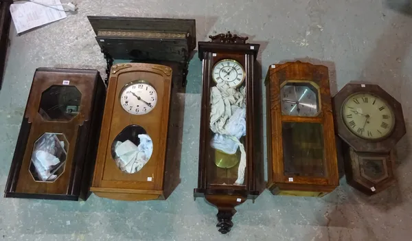 A group of 19th century and later mahogany and oak wall clocks, (a.f.).