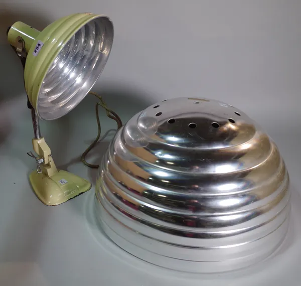 A 20th century cream painted heat lamp converted to a table lamp and a ribbed metal ceiling light shade, (2).