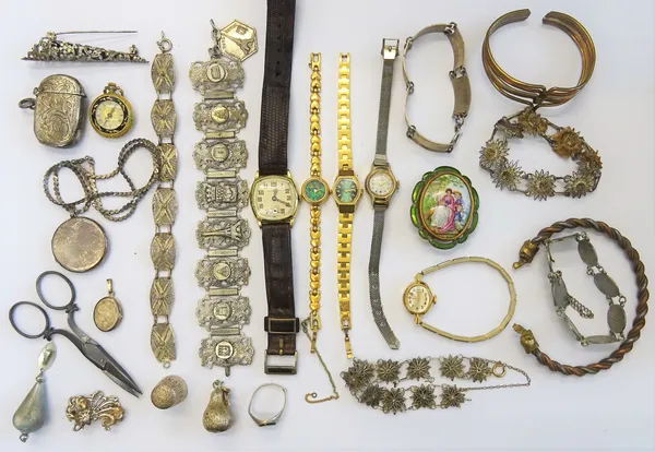 A group of jewellery comprising; three brooches, five wristwatches, a pendant watch, six bracelets, a silver pendant locket, with a neckchain, an oval