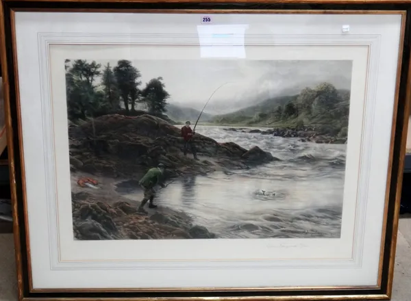 After Joseph Farquharson, Salmon Fishing on the Dee, engraving with hand colouring, 65cm x 89cm.