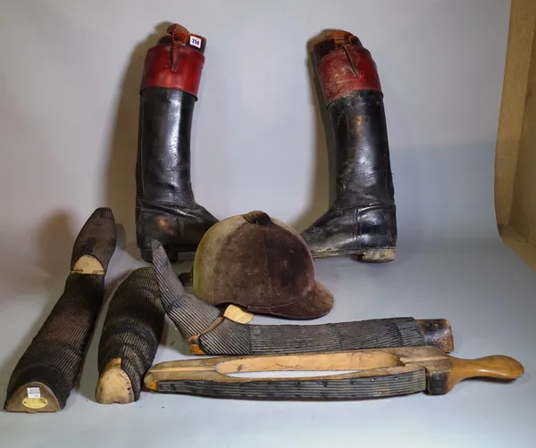 Collectables, a group of hunting boots, boot lasts and a riding helmet.