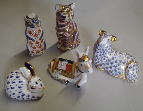 A group of five Royal Crown Derby imari pattern paperweights, comprising; a ram, a donkey foal, rabbit, chipmunk and a cat.