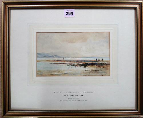 A group of three watercolours, including Emil Axel Krause (1871-1945), Cockle Gatherers; a 19th century view of a country house and Hylda M. Atkins, v