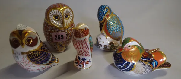 A group of five Royal Crown Derby imari pattern paperweights, comprising; two owls, two kingfishers and a mandarin duck.