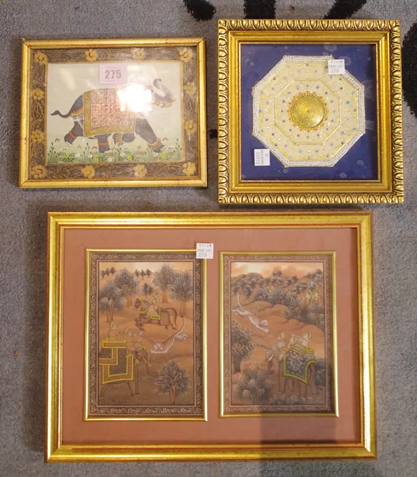 A group of four miniature Indian pictures, including; two framed as one depicting a tiger hunt.