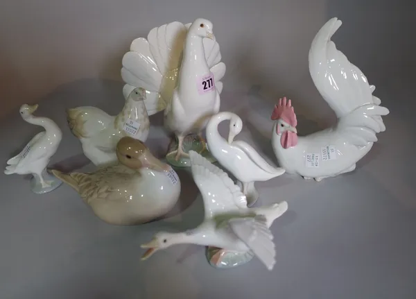 Ceramics, Lladro, a group of seven models of birds, including; chicken, cockerel, three geese etc.