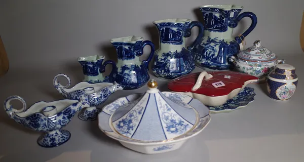 Ceramics, including; a quantity of blue and white jugs, tureens and sundry, (qty).