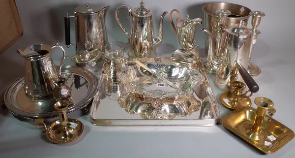 A large quantity of silver and plated items, comprising; trays, bowls, candlesticks, jugs, a quantity of brass candlesticks and sundry, (qty).