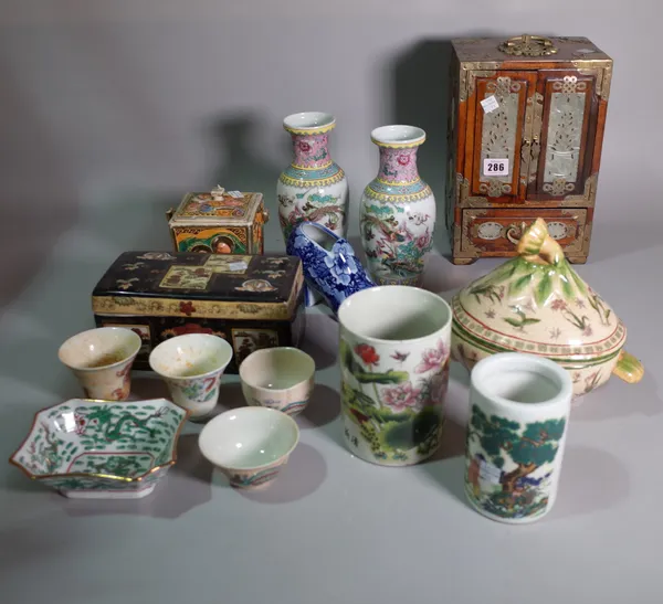 A 20th century Chinese stained beech and brass mounted miniature chest with five drawers, 19cm wide x 28cm high (a.f.) and a quantity of mostly Chines