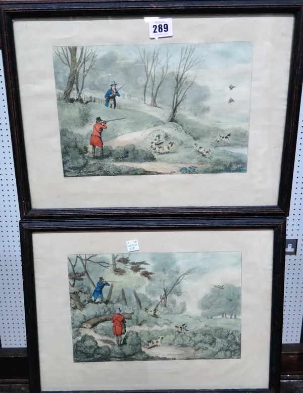 After Henry Alken, Shooting, a set of four engravings (restrikes) with hand colouring, together with a watercolour of violets and two prints after Bea