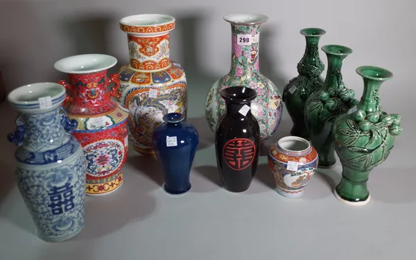 A quantity of mostly 20th century Asian ceramic vases of various styles and forms, the largest 30cm high, (qty).