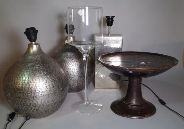 A pair of 20th century silvered metal table lamps of ovoid form, 33cm high, another rectangular table lamp, 31cm high, a large wine glass, 15cm diamet