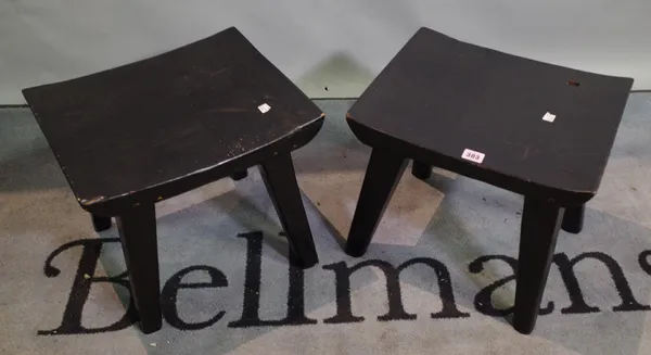 A pair of 20th century black painted hardwood low side tables on tapering supports, 40cm wide x 35cm high, (2).