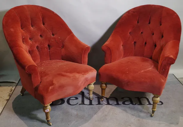 A pair of 20th century tub chairs with red buttonback upholstery, (2).