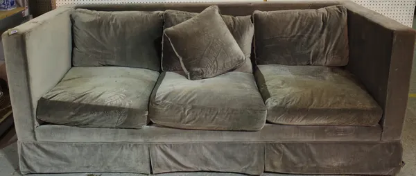 A 20th century grey upholstered square back sofa, 236cm wide.