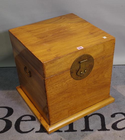 A 20th century camphor wood lift top trunk, 46cm wide x 46cm high.