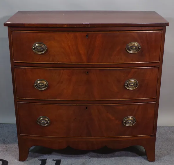 A late Victorian mahogany chest of three long graduated drawers, 82cm wide x 80cm high.