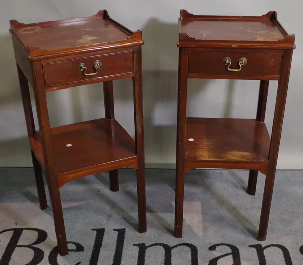 A pair of late George III stye mahogany two tier side tables with galleried tops over single drawer, 37cm wide x 80cm high, (2).