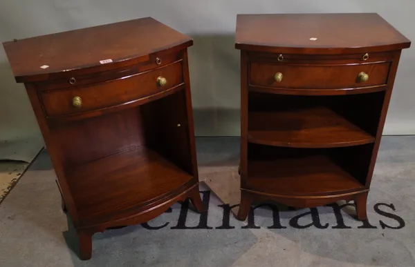 A pair of Regency style mahogany bedside cupboards with single drawer on splayed bracket feet, 51cm wide x 69cm high, (2).