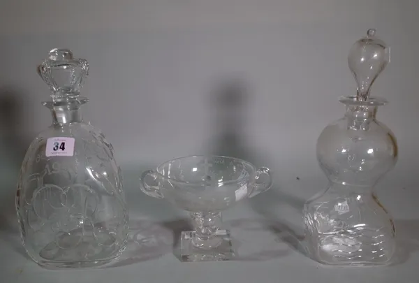 Two Royal Brierley George VI commemorative glass decanters and stoppers, 1937 and an engraved glass `Supplication Cup', dated 1935.