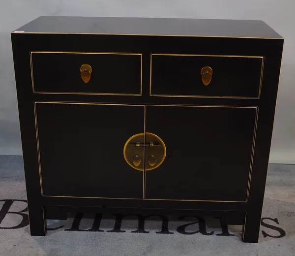 A modern black lacquer side cabinet with two drawers over cupboard, 90cm wide x 80cm high.