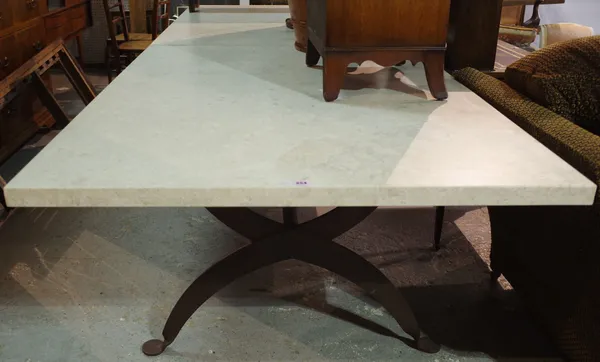 A modern marble topped rectangular dining table on wrought iron base, 300cm long x 110cm wide x 74cm high.