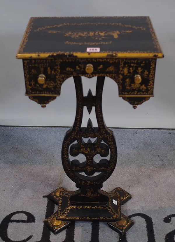 A 19th century chinoiserie decorated sewing table, 36cm wide x 70cm high.