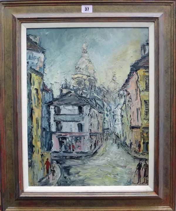 George Hahn (20th century), View towards Sacre Coeur, oil on board, signed, 46cm x 35.5cm.