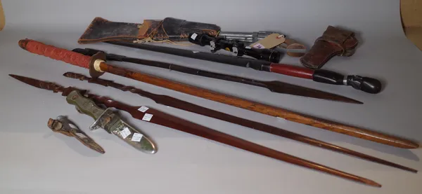 Collectables, including; tribal spears, a wooden training katana, leather pistol holsters and sundry, (qty).