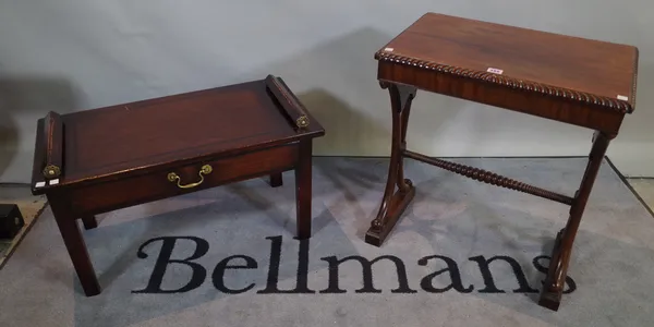 A Regency mahogany side table with bobbin turned stretcher, 56cm wide x 62cm high and a George III style oak single drawer low table on block supports