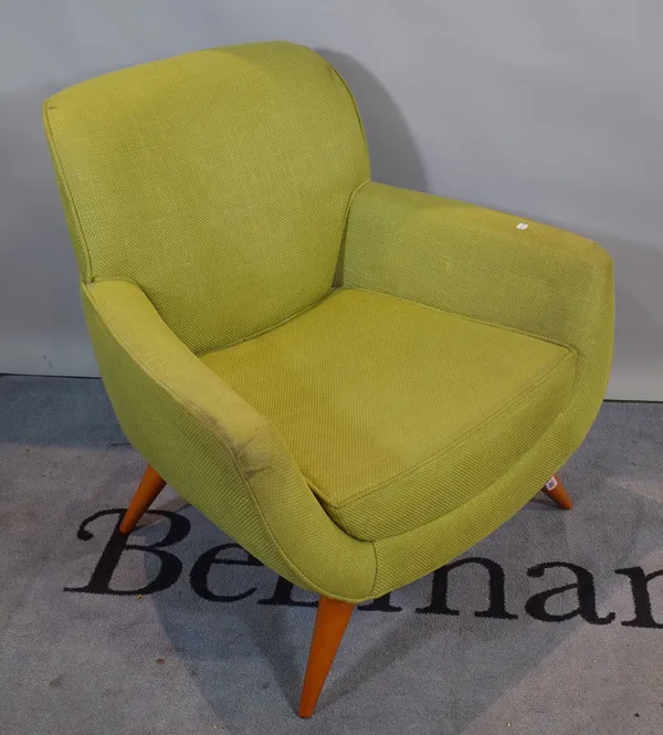 A 20th century hardwood framed tub chair with green upholstery on tapering supports, 82cm wide x 80cm high.