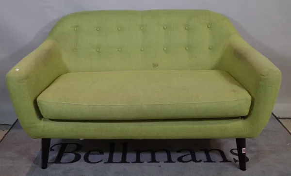 A 20th century hardwood framed two seater sofa with green button back upholstery on tapering supports, 15cm wide x 81cm high.