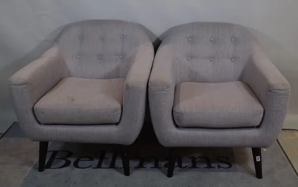 A pair of 20th century hardwood framed tub chairs with grey button back  upholstery on tapering supports 82cm wide x 80cm high, (2).