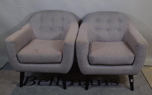 A pair of 20th century hardwood framed tub chairs with grey button back  upholstery on tapering supports 82cm wide x 80cm high, (2).