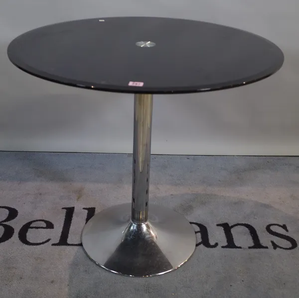 A modern circular smoked glass dining table with chrome metal base, 80cm diameter x 77cm high.