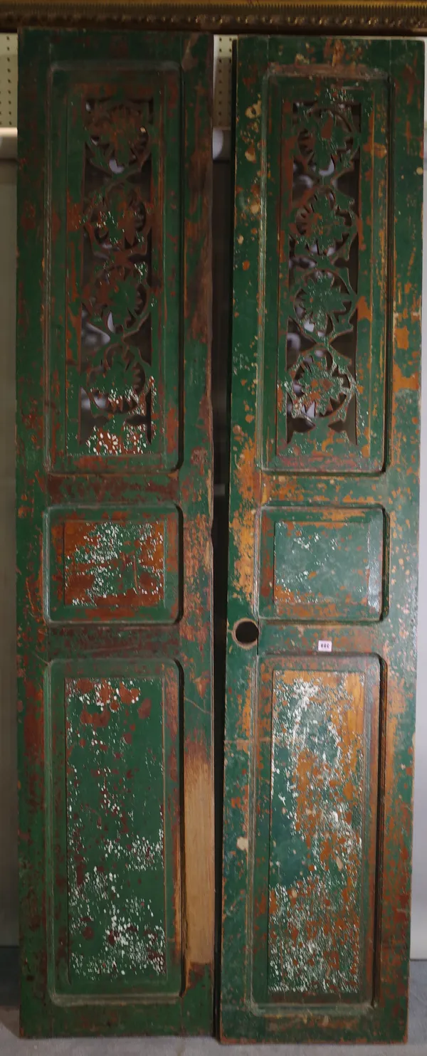 A pair of early 20th century French green painted pine floor standing shutter doors, each 47cm wide x 248cm high.