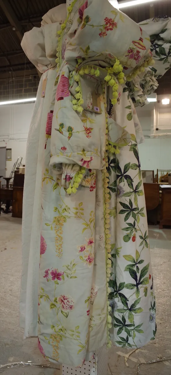 A large lined and interlined white curtain decorated with flowers, 180cm wide x 290cm drop.