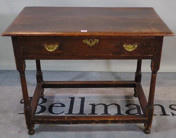 A late 18th century oak single drawer side table, 92cm wide x 72cm high.