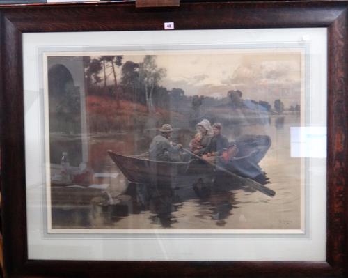 After B. Genzmer, A family in a rowing boat, photogravure with hand tinting, 61cm x 88cm.