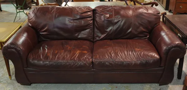 A pair of 20th century hardwood framed faux brown leather upholstered sofas, 210cm wide x 80cm high.