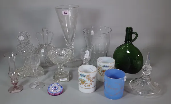 A group of glassware, 19th/20th century, to include a tall `jacobite' type engraved goblet, a Dutch engraved flask, a green glass decanter, two opalin