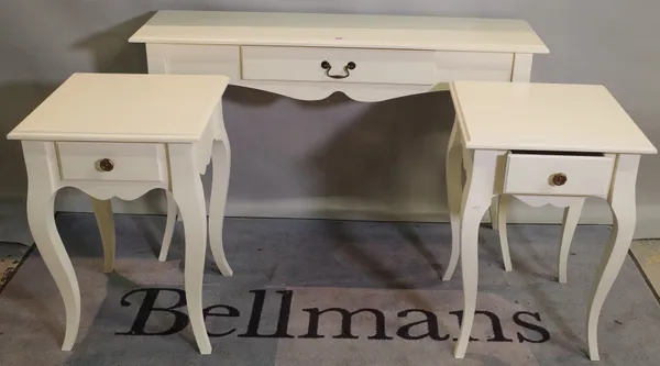 A 20th century white painted single drawer console table 120cm wide x 76cm high and a pair of matching low side tables, 45cm wide x 66cm high, (3).